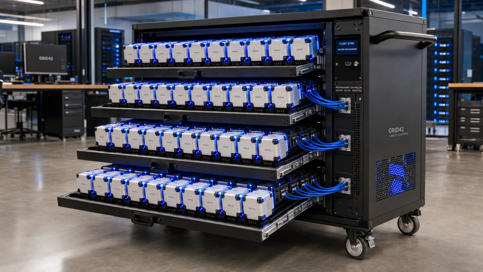 Concept rendering of multiple GRID42 Cubelets racked together for fleet-scale deployment.