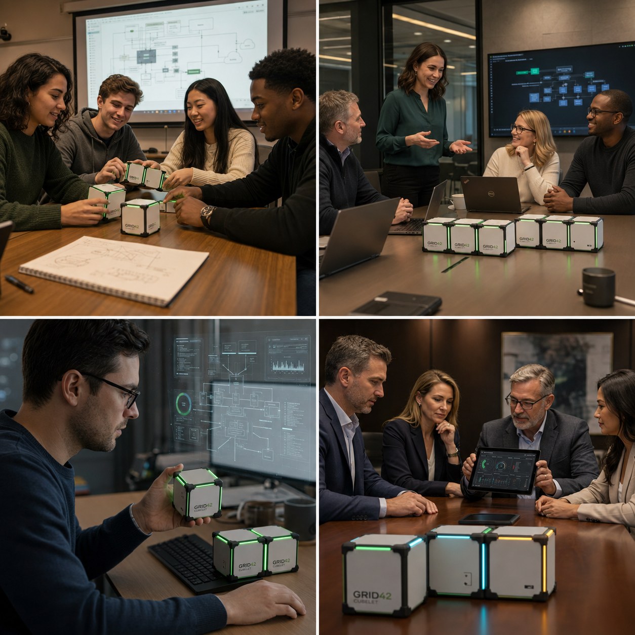 People using GRID42 Cubelets together during a hands-on workshop session.