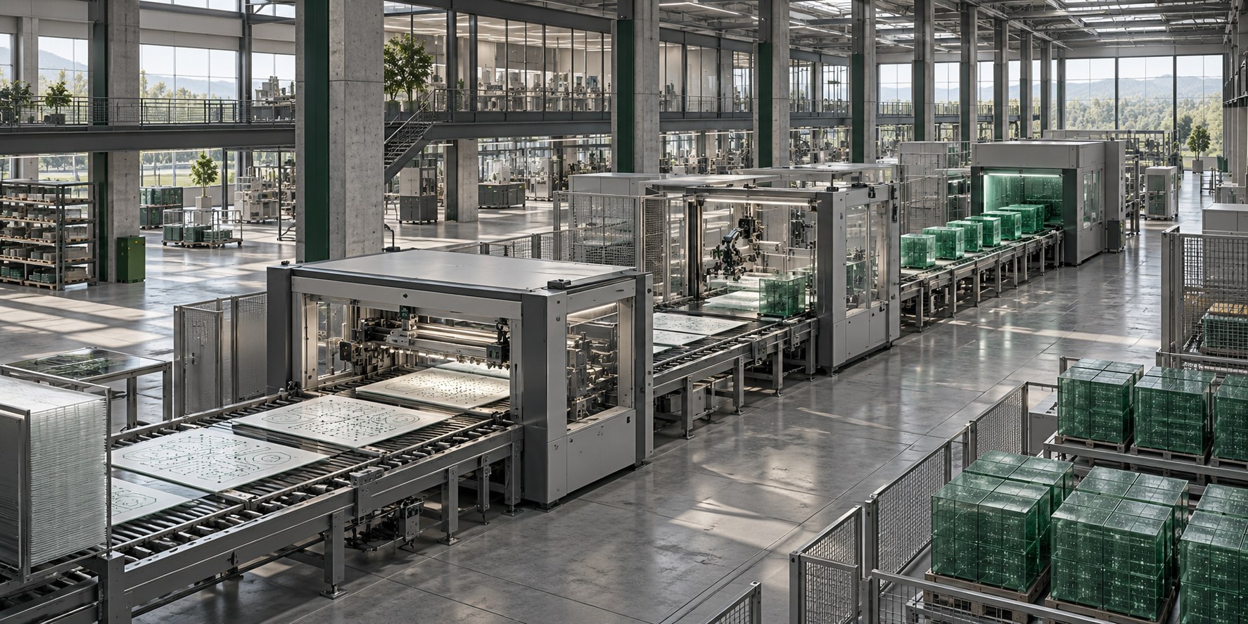 Imagined knowledge factory: diagram-covered sheets move through precision machinery and become transparent emerald cubes